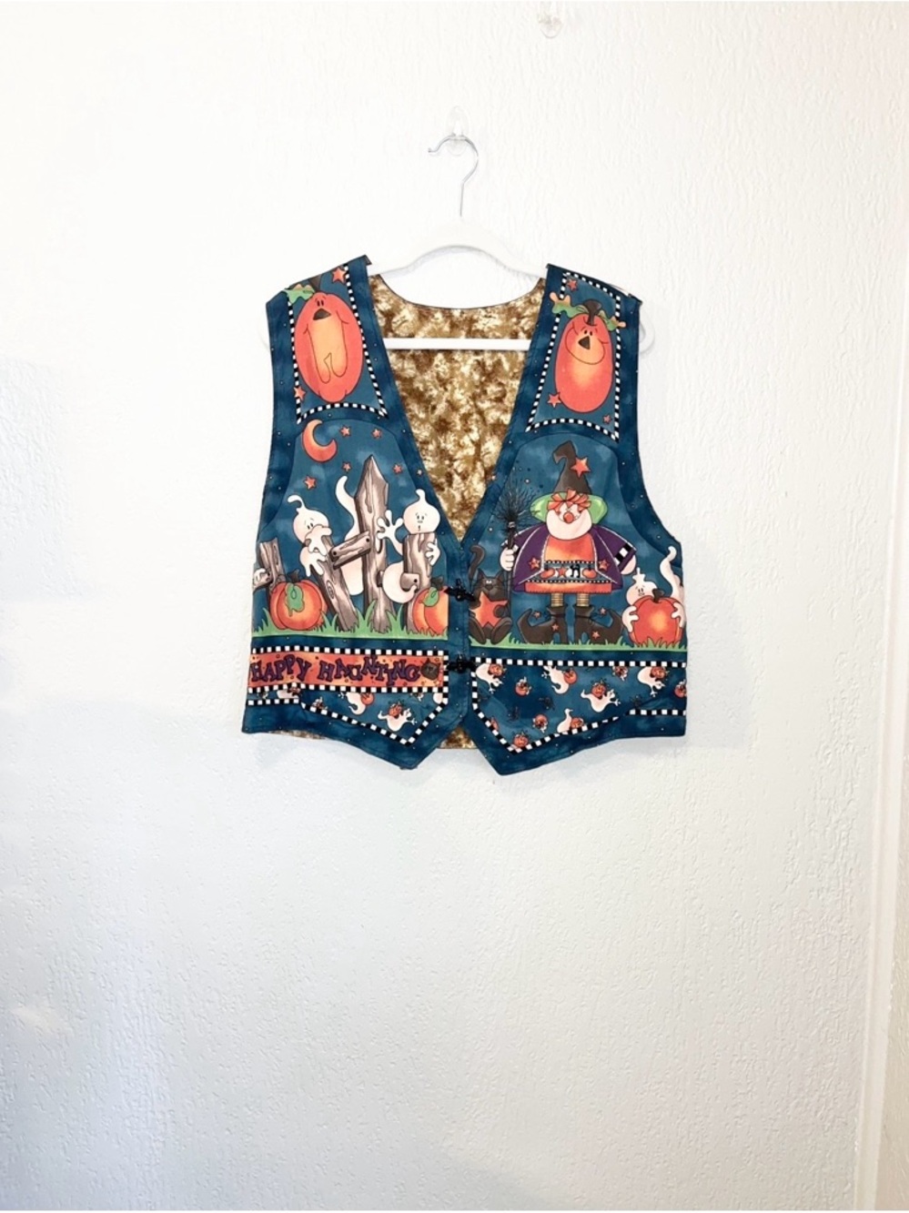 Whimsical Halloween Teal Vest with Festive Print SZ- XL